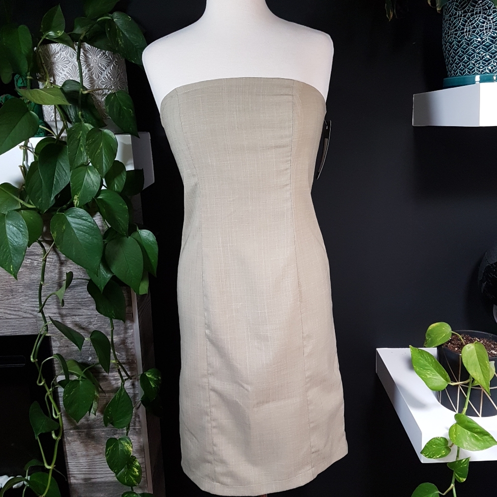 Linen look beige strapless dress